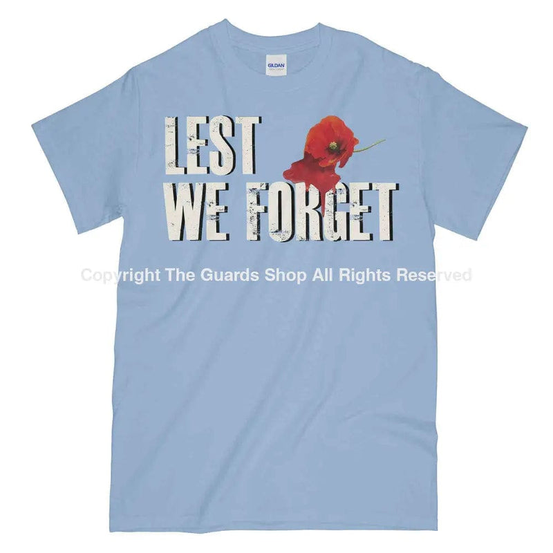 Lest We Forget Bleeding Poppy Printed Unisex T-Shirt Mens Small - 34/36 Inch Chest / Light Blue