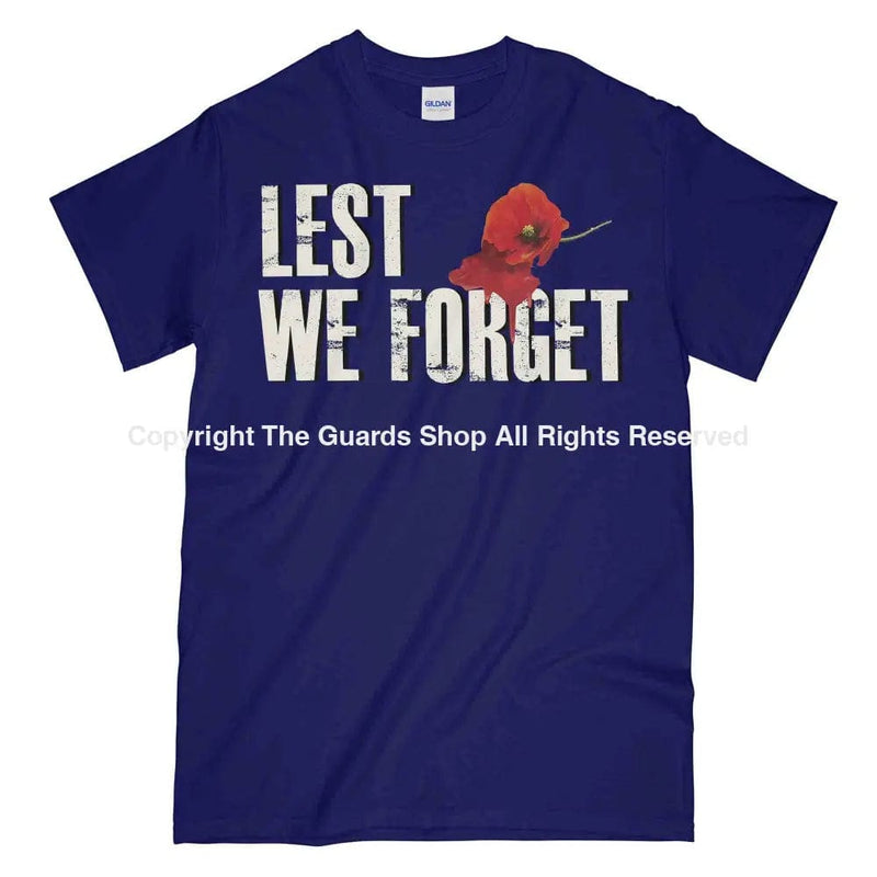 Lest We Forget Bleeding Poppy Printed Unisex T-Shirt Mens Small - 34/36 Inch Chest / Navy Blue