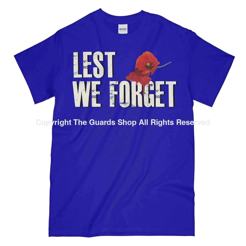 Lest We Forget Bleeding Poppy Printed Unisex T-Shirt Mens Small - 34/36 Inch Chest / Royal Blue